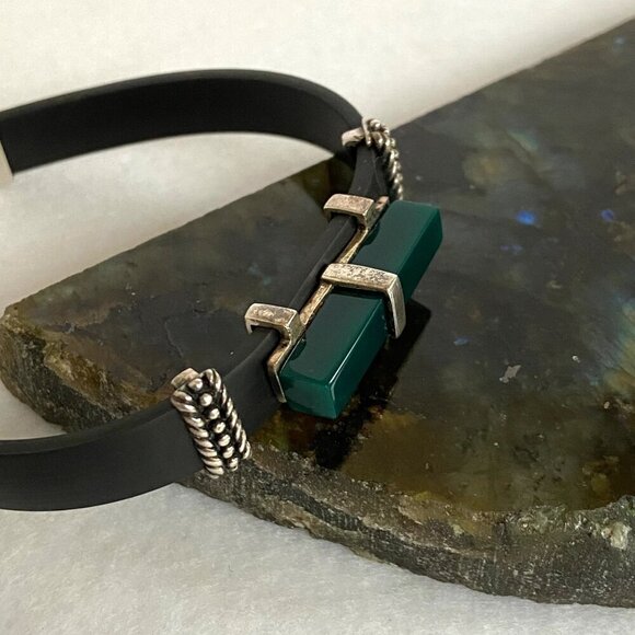 Sterling Silver 925 Rectangular Green Acrylic Black Banded Bracelet 7.5" - Picture 8 of 16